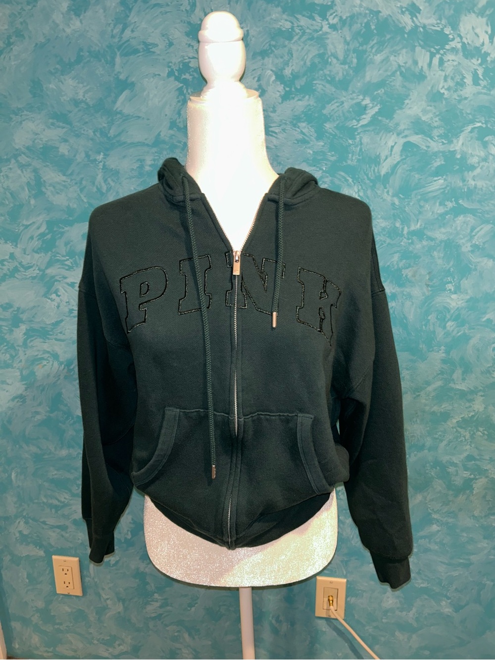 PINK Full-Zip Hoodie in Dark Green